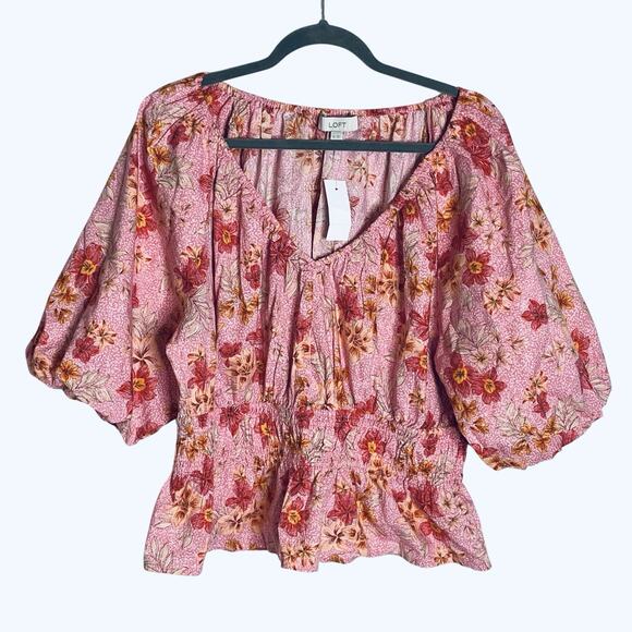 NWT LOFT Lily Blouse Top XL Gathered Waist Puff Sleeve Pink Floral Romantic $70 - Picture 2 of 13